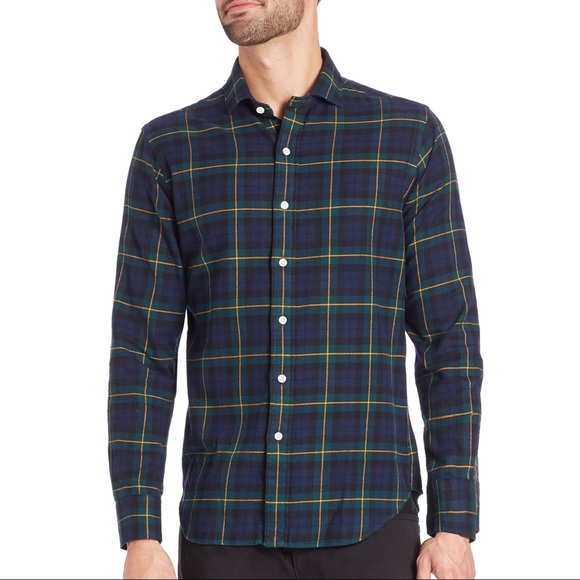 POLO RALPH LAUREN Mens Navy Blue Green Yellow Plaid Twill Button